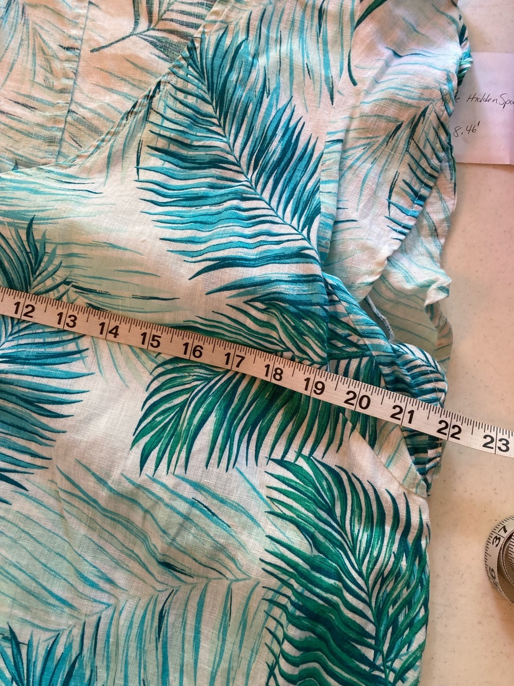 Tahari White Linen Dress with Teal and Green Palm Print - Picture 5 of 6